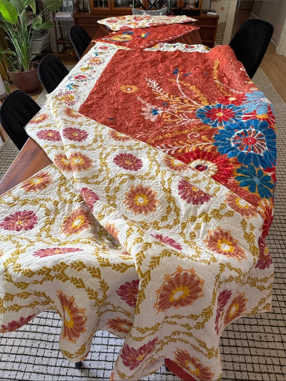 King size, Handcrafted Floral Quilt - Rust and White, multi colored